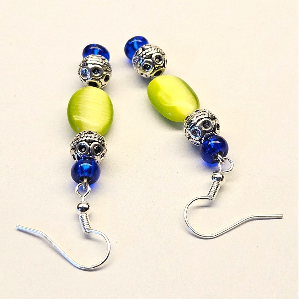 Handmade Earrings Green and Blue Beaded Earrings - Picture 3 of 6